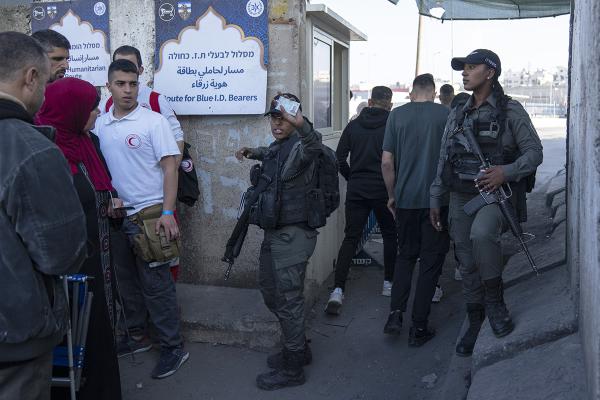 Palestinians wanting to cross from West Bank into Jerusalem must go through a Israeli military check point, like this one near Ramallah, April 10, 2023.