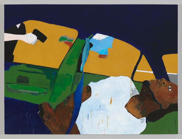 THE TIMES THAY AINT A CHANGING, FAST ENOUGH! (2017), acrylic on canvas, depicts a moment of the 2016 extrajudicial murder of Philando Castile, a thirty-two year old Black man.