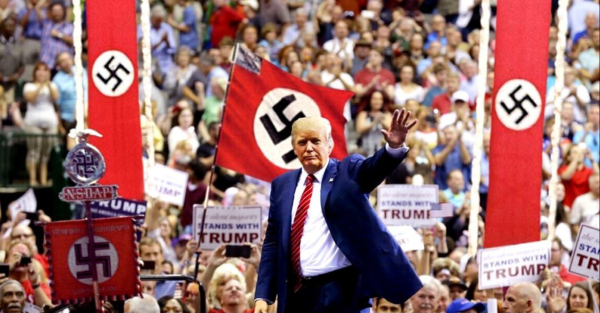 Donald Trump with Nazi banners in background.