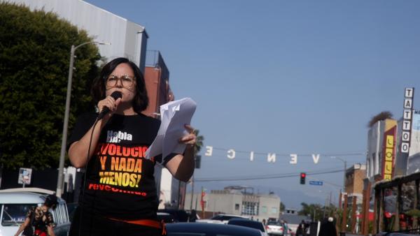 Sunsara Taylor speaking at International Women's Day 2024 in Los Angeles