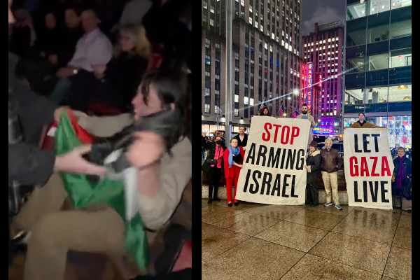 The fundraiser was repeatedly disrupted and two banners were hung from the mezzanine: “Stop Arming Israel” and “Let Gaza Live.” (Credit: @jvplive)