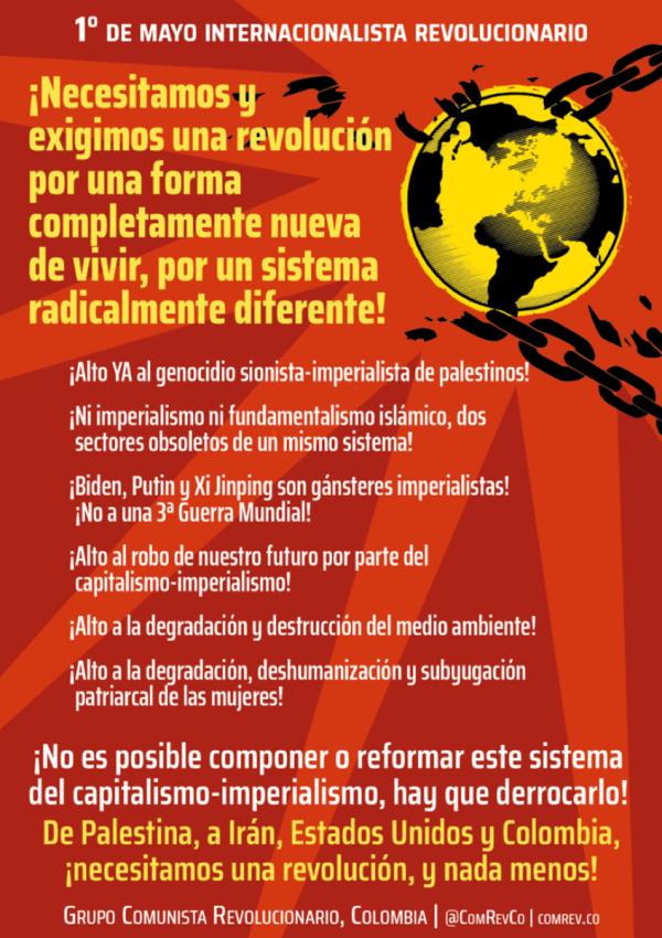 Poster for May 1st with slogans in Spanish from Colombia @ComRevCo