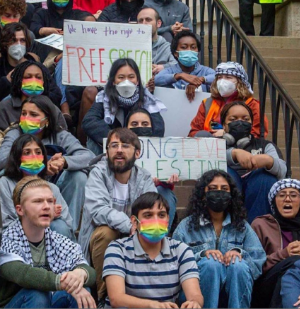 Protesters on stairs
