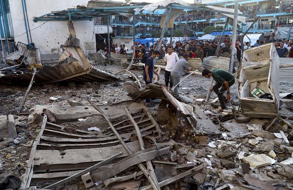 U.N.-run school destroyed by Israeli airstrike that killed dozens of people in the Nusseirat refugee camp in the Gaza Strip, July 6, 2024.