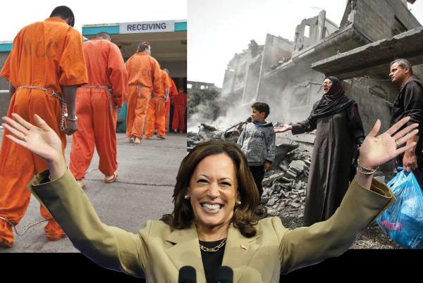 Graphic of Kamala Harris celebrating genocide in Gaza and mass incarceration
