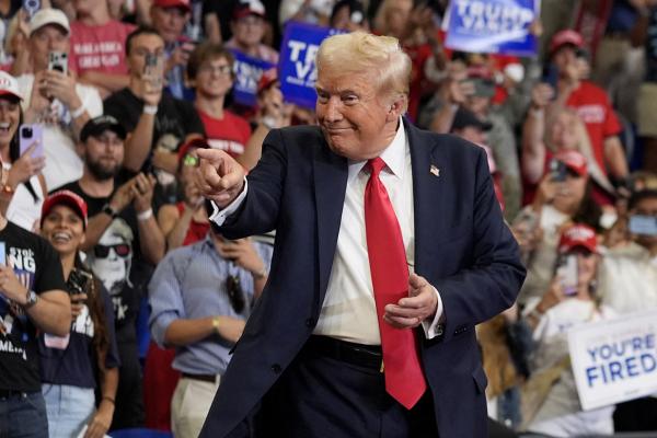 Trump gives a shout-out at campaign rally at Georgia State University in Atlanta, August 3, 2024.
