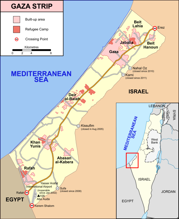 Map of Gaza Strip with Philadelphi Corridor marked