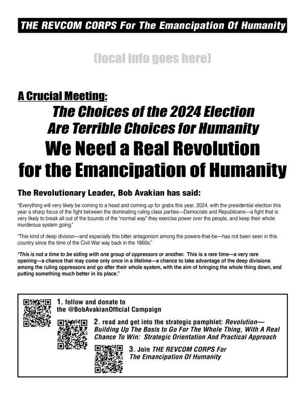 Leaflet for The Revcom Corps funddrive meetings