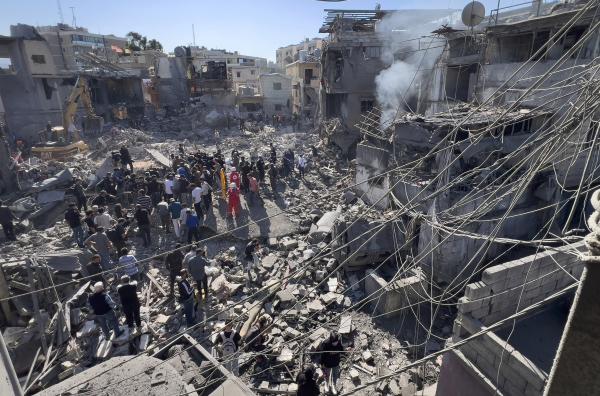 Israeli airstrikes destroyed buildings facing a hospital in a densely-populated neighborhood of Beirut, Lebanon, October 22, 2024.