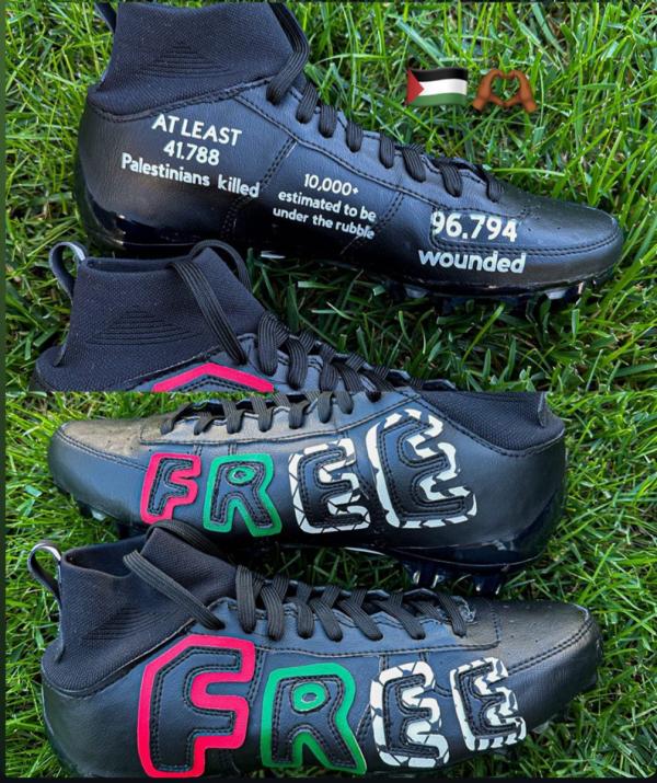 Azeez Al-Shaair rocking custom made cleats in solidarity with Palestine.