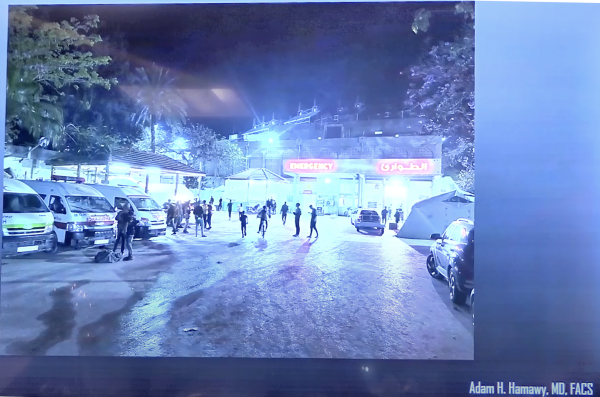 Emergency room from parking lot in Gaza, slide from Dr. Hamawy