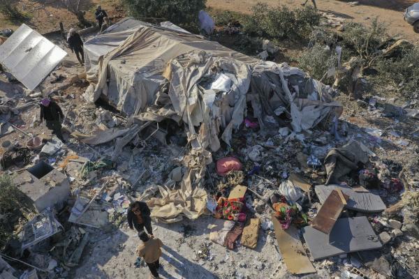 A camp for internally displaced Syrian people was destroyed during an airstrike north of Idlib, Syria, December 2, 2024. 