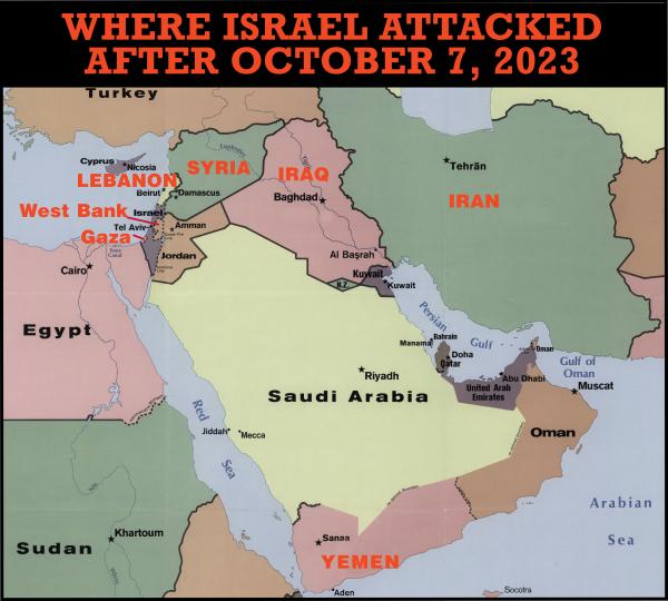 Map of Middle East showing countries Israel has attacked: Gaza, West Bank, Lebanon, Syria, Iran, Iraq and Yemen.