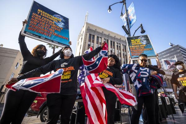 Los Angeles, members of THE REVCOM CORPS desecrate flags, January 20, 2025.