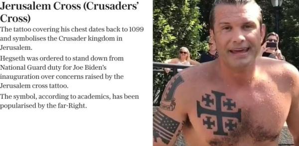 Photo of Pete Hegseth with Christian fascist tatoos.