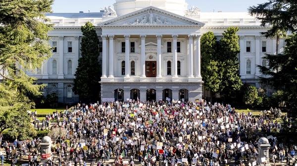 Sacramento, California: Several hundred protest at the California State Capitol on February 5, 2025.