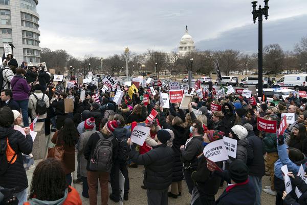 Protest against Elon Musk outside the U.S. Department of Labor in Washington, DC, February 5, 2025.