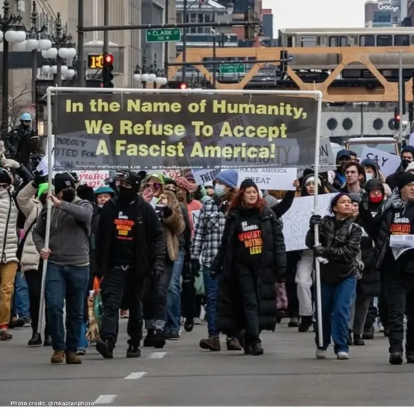 Chicago Revcom Corps leads protest, February 6, 2025.