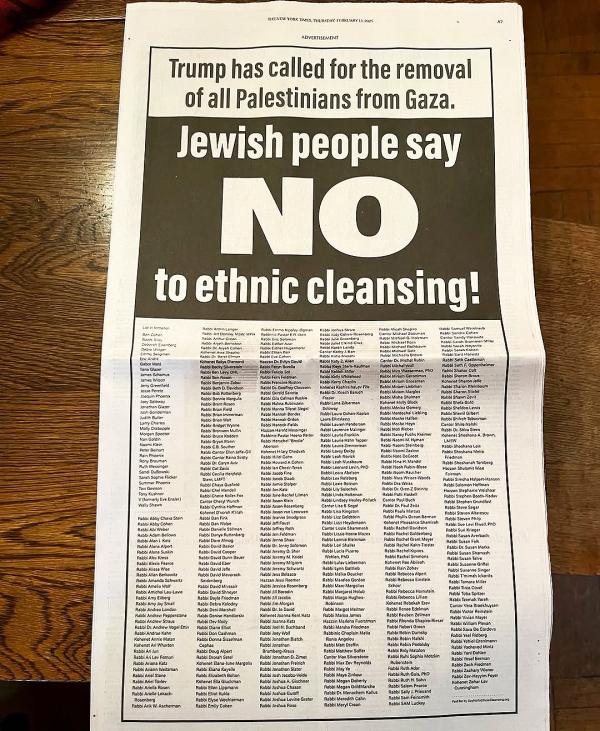 New York Times ad. February 13, 2025: Jewish people say NO to ethnic cleansing.
