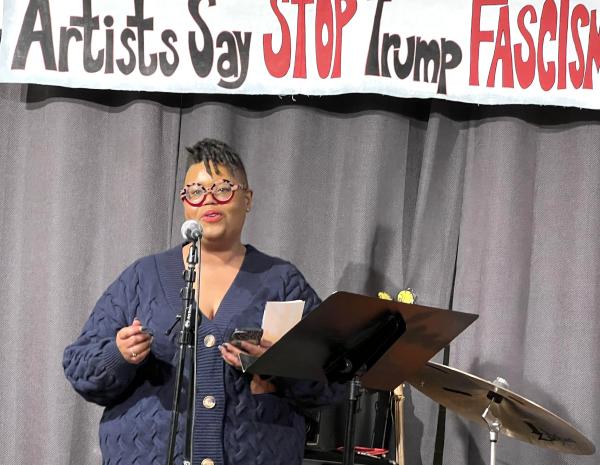 Kay Bell performs at Revolution Books fund raising event, February 20, 2025.