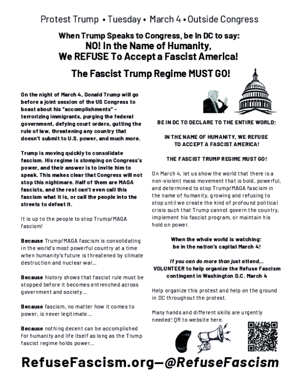 Refuse Fascism leaflet for March 4 protest against Trump