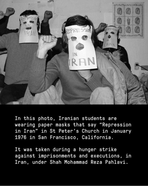 1976 students protest with facemasks that say "Repression in Iran."