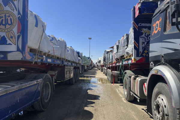 Israeli Prime Minister Netanyahu ordered the Israeli military halt all humanitarian relief coming into Gaza. Trucks line up at Egypt crossing, March 2, 2025.