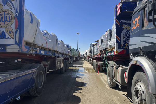 Israeli Prime Minister Netanyahu ordered the Israeli military halt all humanitarian relief coming into Gaza.  Trucks line up at Egypt crossing, March 2, 2025.