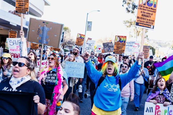 International Women's Day march in Los Angeles. Crowd carrying signs