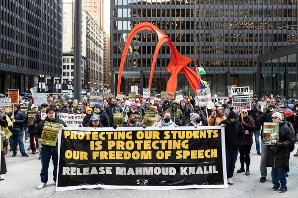 March 11, 2025, Chicago, for Mahmoud Khalil with banner demanding freedom of speech.