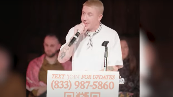 Macklemore speaking at event in New York City to Free Mahmoud Khalil, March 22, 2025