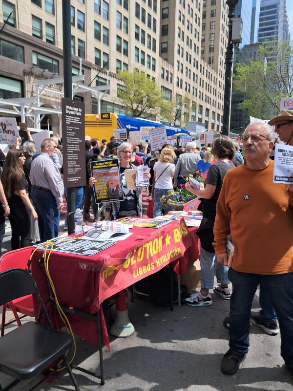 Revolution Books table at New York City protest against Trump/MAGA fascism, April 19, 2025