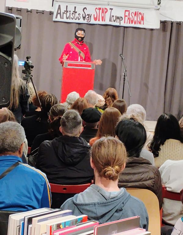 Marz Longma, poet, at New York City Revolution Books, April 11, 2025.