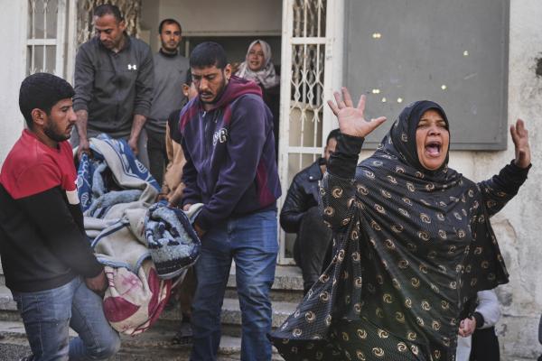 A Palestinian woman reacts to the death of her relative from Israeli airstrike, April 16, 2025.