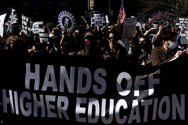 Banner and signs for Day of Action for Higher Education at Foley Square, New York City, April 17, 2025.