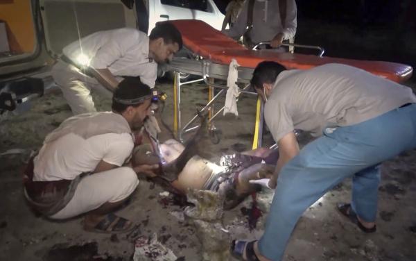 On April 17, 2025, U.S. airstrikes on Yemen killed 74 people and wounded some 125.  Here medics care for wounded individual.