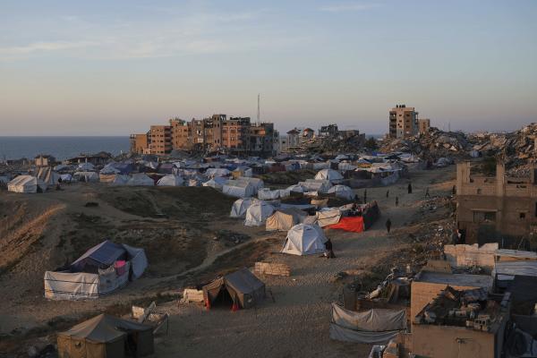 A makeshift tent camp in Gaza City for Palestinians displaced by Israeli airstrikes, April 19, 2025.