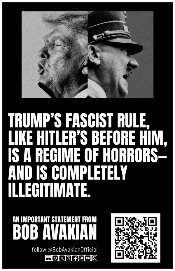 Poster with Trump and Hitler: Trump's fascist rule is a regime of horrors and completely illegitimate.