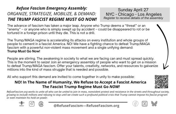 Refuse Fascism Emergency Assembly Sunday April 27, New York, LA and Chicago
