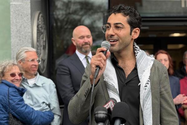 Mohsen Mahdawi speaks outside the courthouse after a judge released him, April 30, 2025.