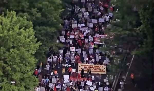 Aerial shot of May Day march in Atlanta, Georgia.