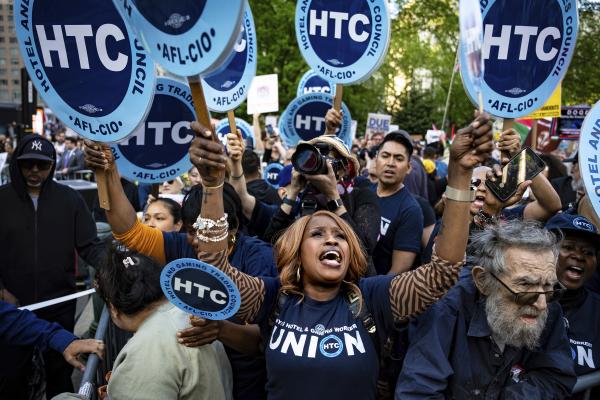 Hotel workers chant at New York City May Day Rally, May 1, 2025.