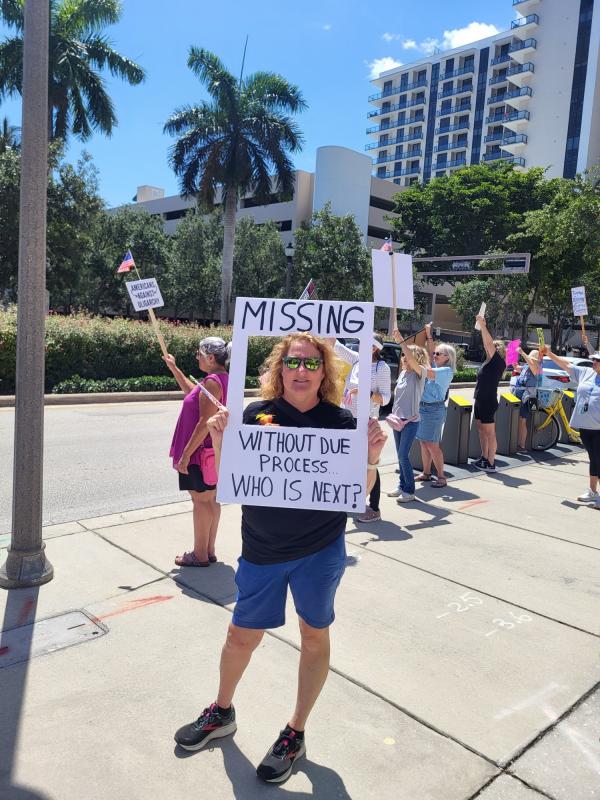 May Day West Palm Beach Florida protest sign reads: Missing. Without due process who is next?