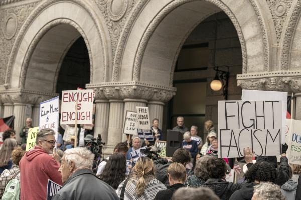 Protest at federal courthouse hearing for Judge Hannah Dugan, May 15, 2025.