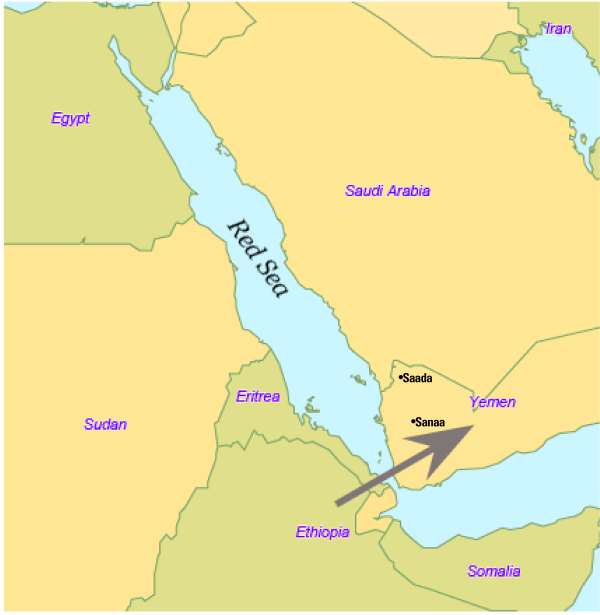 Map showing Yemen and proximity to Africa