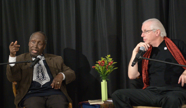 Ngugi wa Thiong'o and Andy Zee at the opening of Revolution Books in Harlem, November 15, 2015.