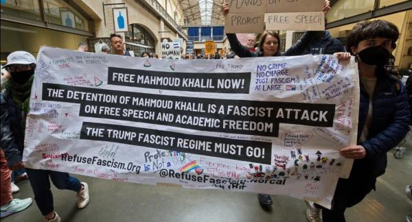 Protest with banner: Free Mahmoud Khalil Now! The Trump fascist regime must go!