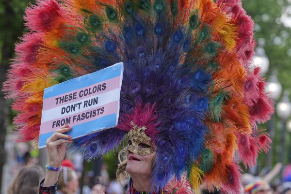 Colorful feathered headress, Washington, DC, World Pride Parade, June 7, 2025.