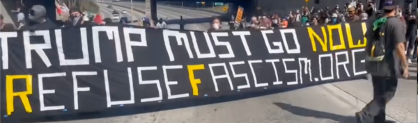 Banner on LA freeway: Trump Must Go Now! RefuseFascism.org