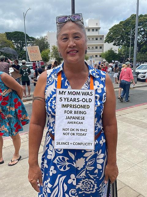 Honolulu, Hawaii, No Kings Day, June 14, 2025, woman with sign saying her mother was interned.